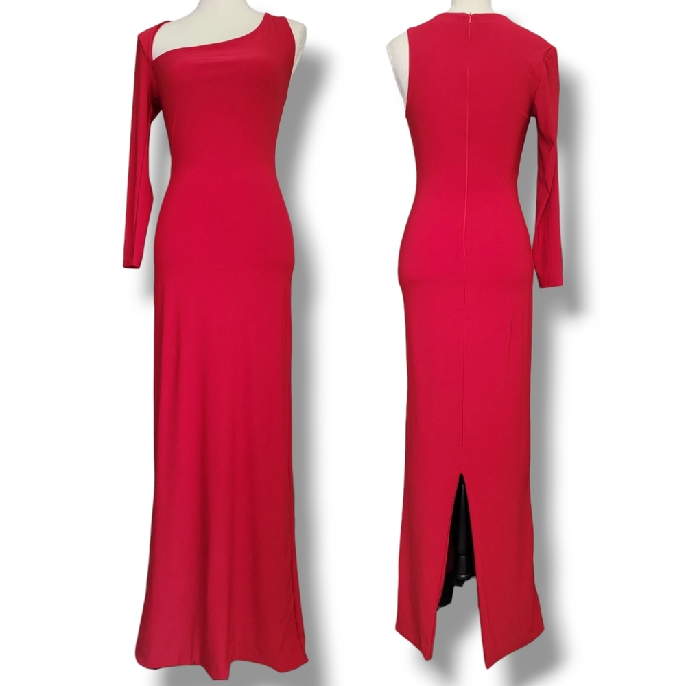 CLUB L Red Sexy Back Slit Asymmetric‎ Neckline Fitted Stretch Knit Maxi Dress 8